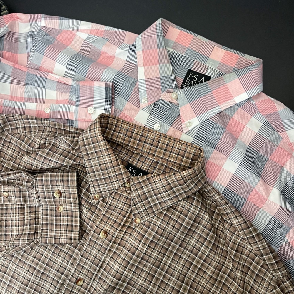 Jos A Bank Travelers Shirt Mens XL Plaid Button Down Long Sleeve Set of 2